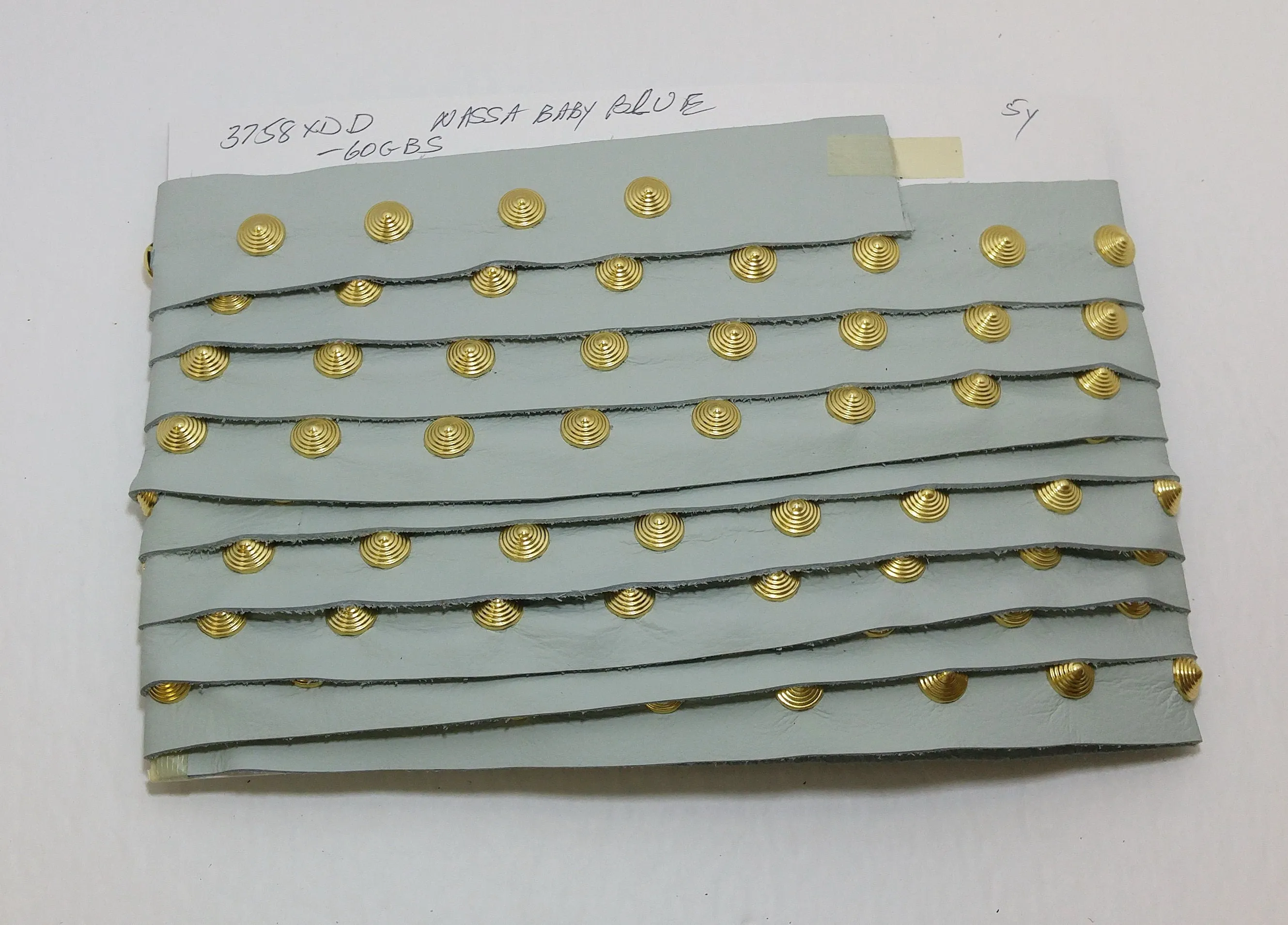 1 YD of 1-1/2" wide Genuine Cowhide Leather Trim Tape with Gold Brass Spiral Nailheads edge binding; top stitch; Baby Blue 3758XDD
