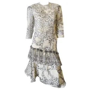 1980s Zandra Rhodes Abstract Motif Drop Waist Silk Dress