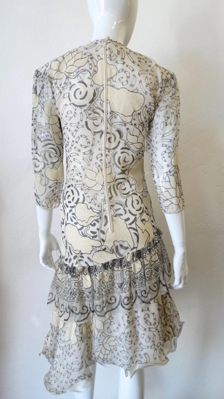 1980s Zandra Rhodes Abstract Motif Drop Waist Silk Dress