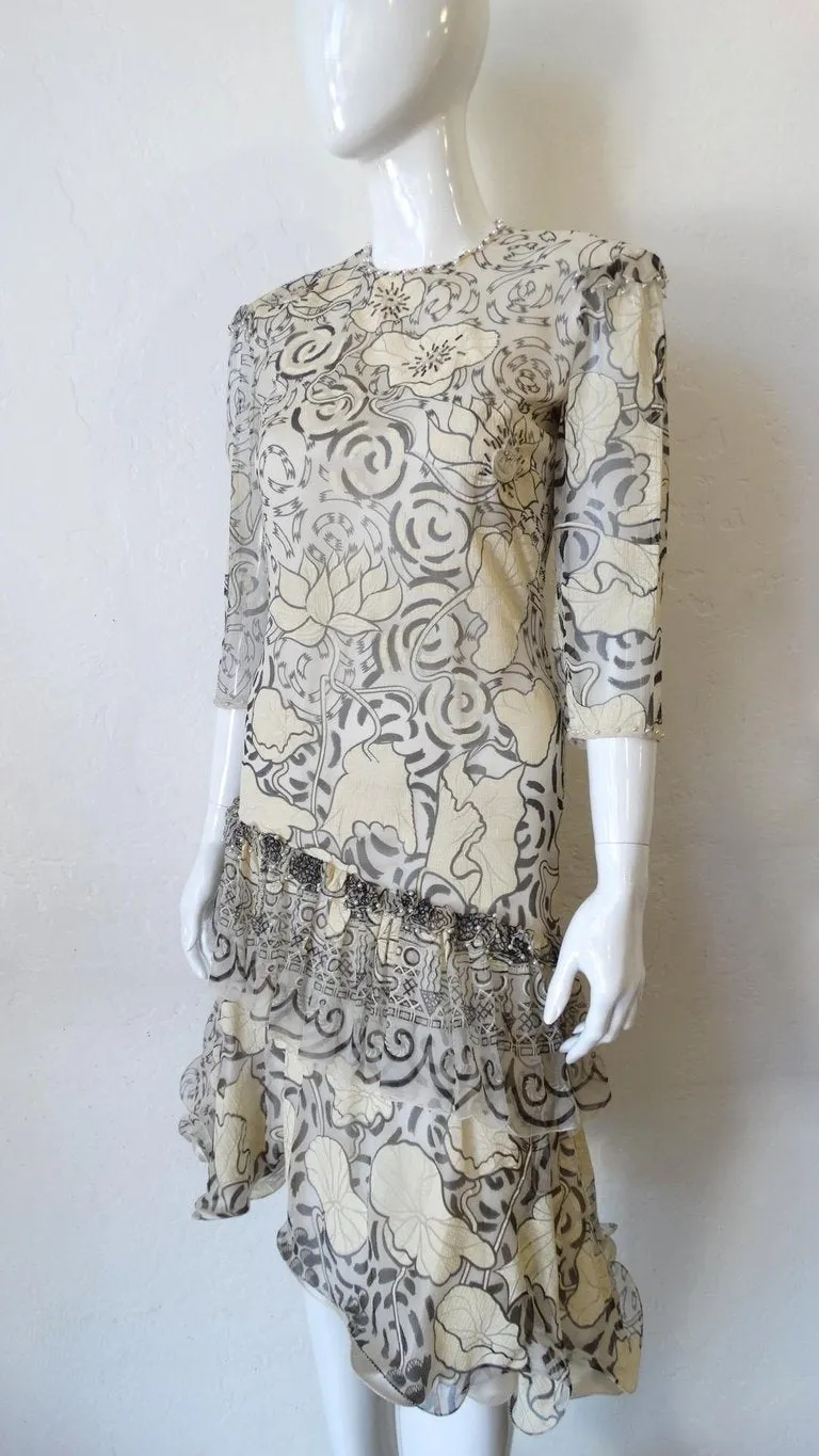 1980s Zandra Rhodes Abstract Motif Drop Waist Silk Dress