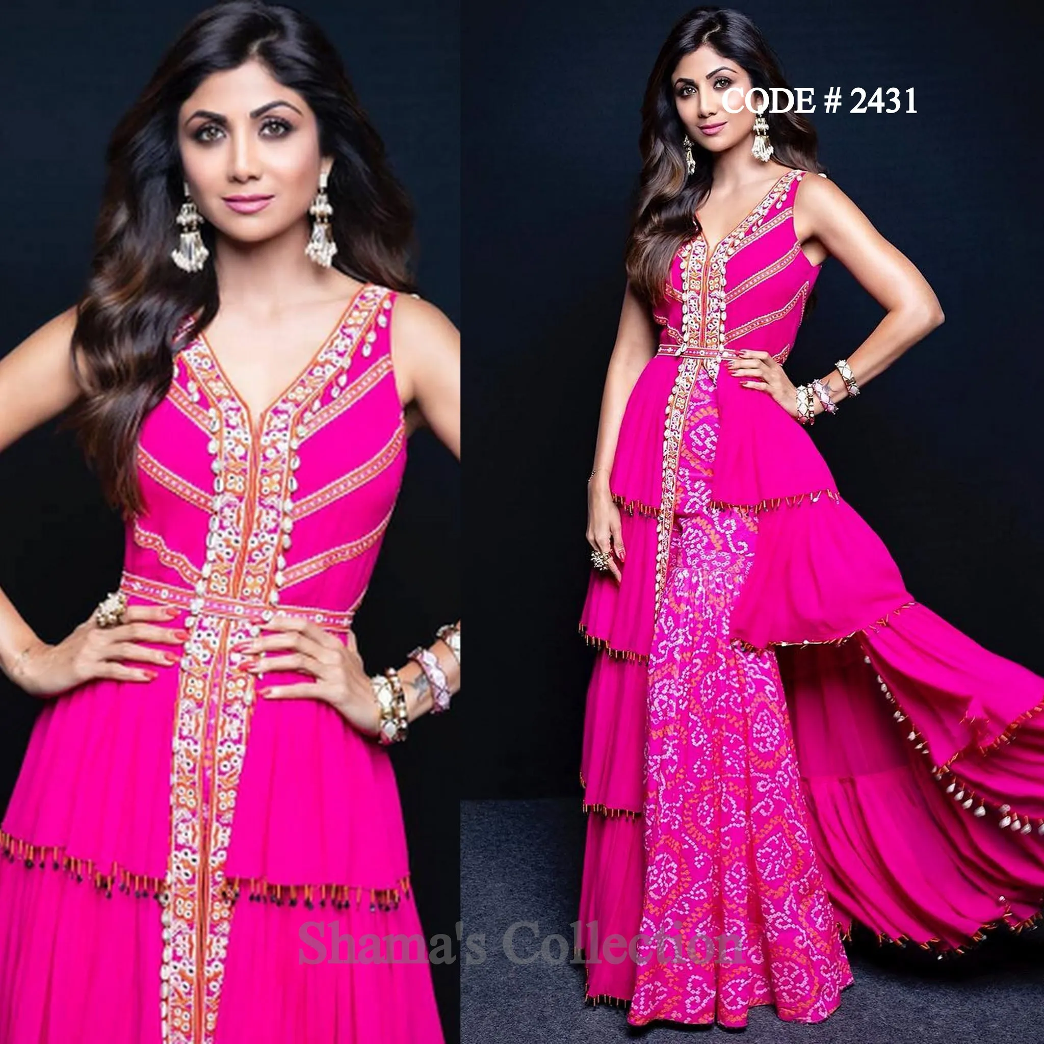 2431 Shilpa Shetty's Pink Bandhani Ruffle Gown (Arpita Mehta Inspired outfit set)