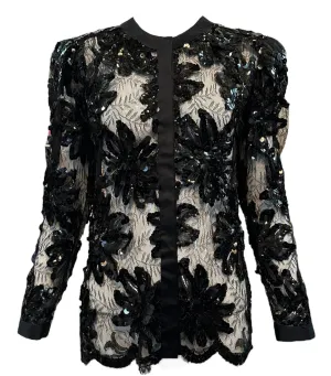 Adolfo 80s Black Chantilly Evening Jacket with Sequin Embellishment