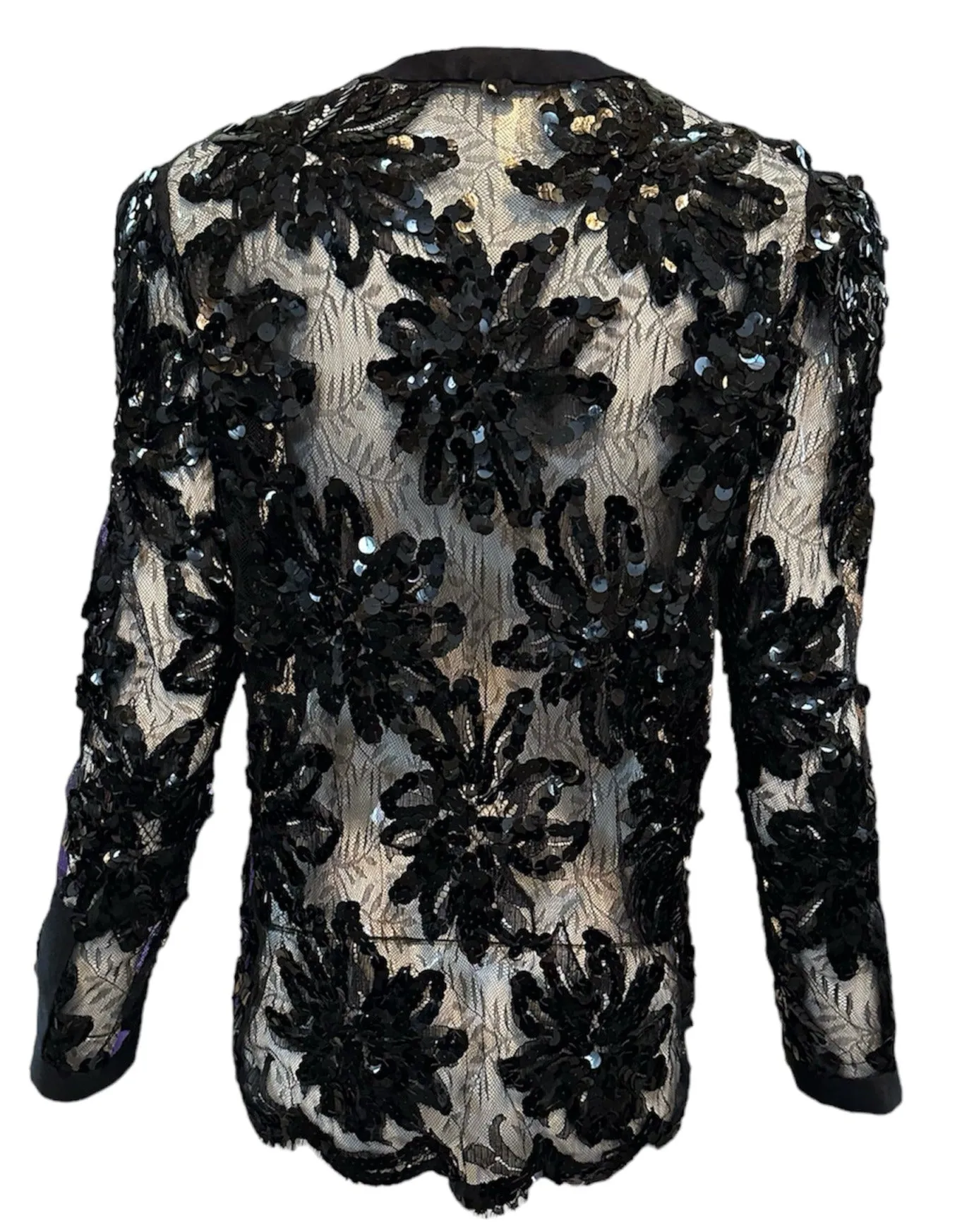 Adolfo 80s Black Chantilly Evening Jacket with Sequin Embellishment