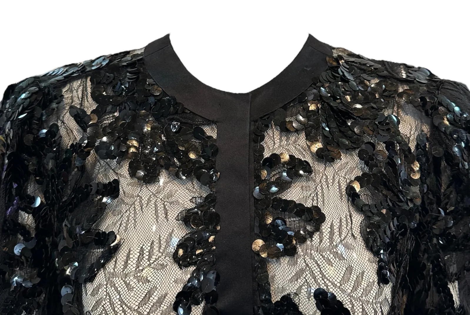 Adolfo 80s Black Chantilly Evening Jacket with Sequin Embellishment