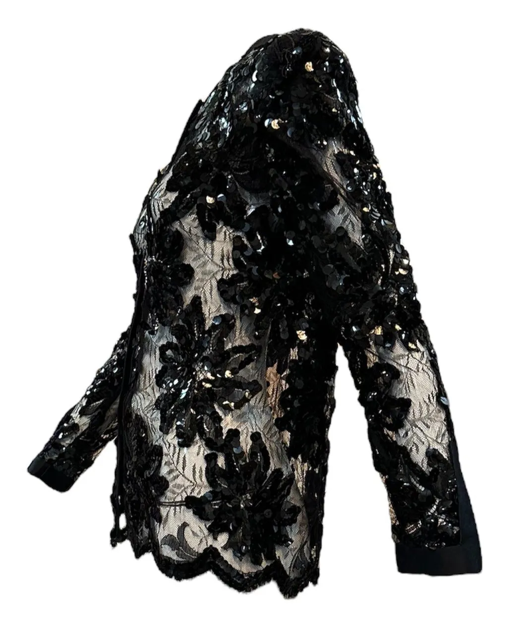 Adolfo 80s Black Chantilly Evening Jacket with Sequin Embellishment