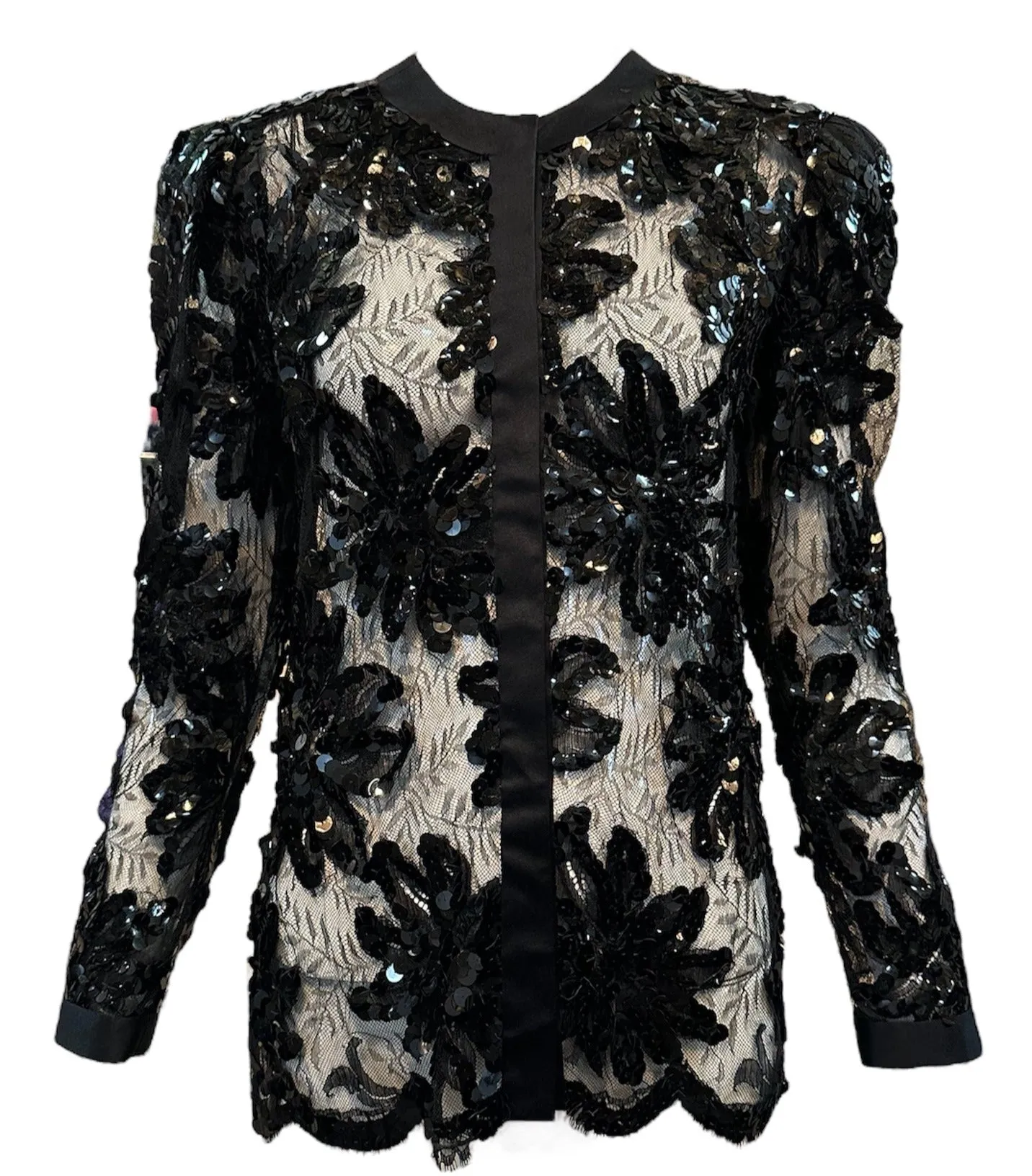 Adolfo 80s Black Chantilly Evening Jacket with Sequin Embellishment