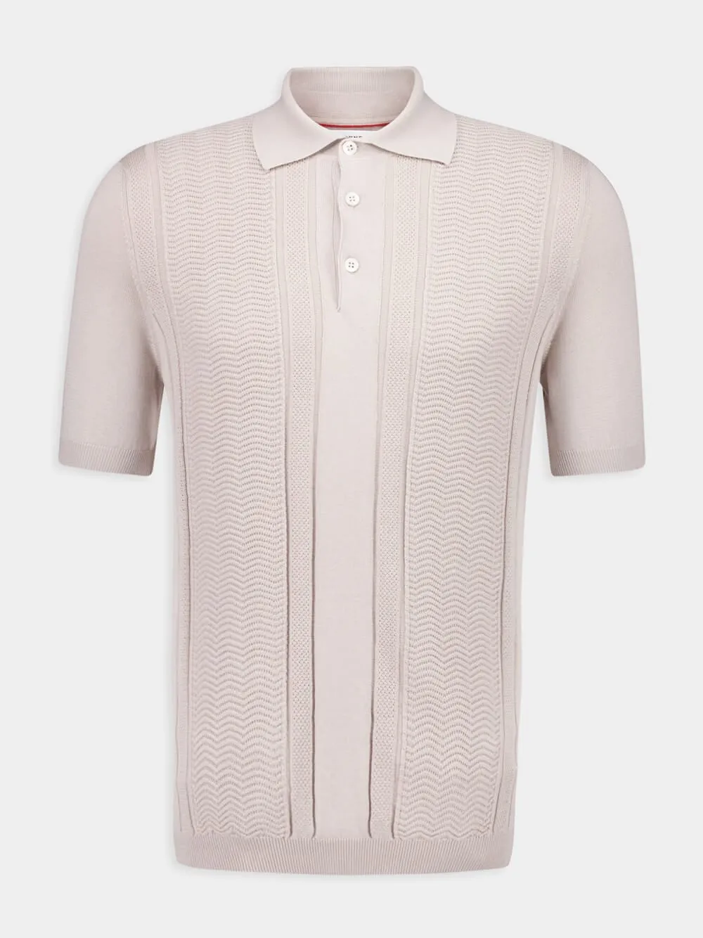 Beige Cotton Knit Polo with Jacquard Stripes