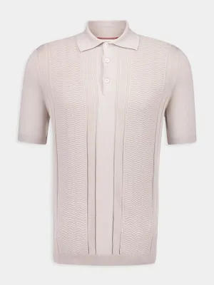 Beige Cotton Knit Polo with Jacquard Stripes