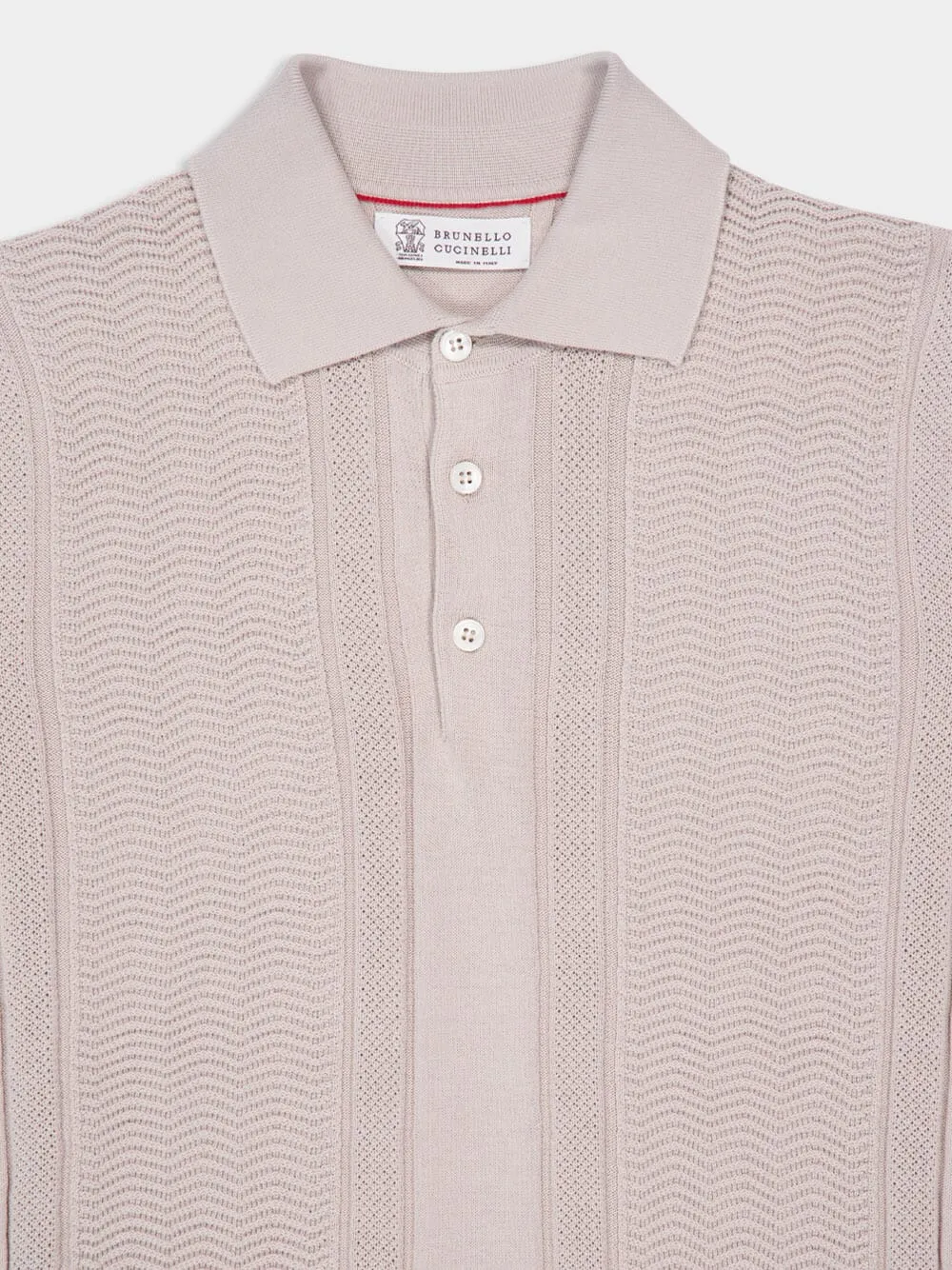Beige Cotton Knit Polo with Jacquard Stripes