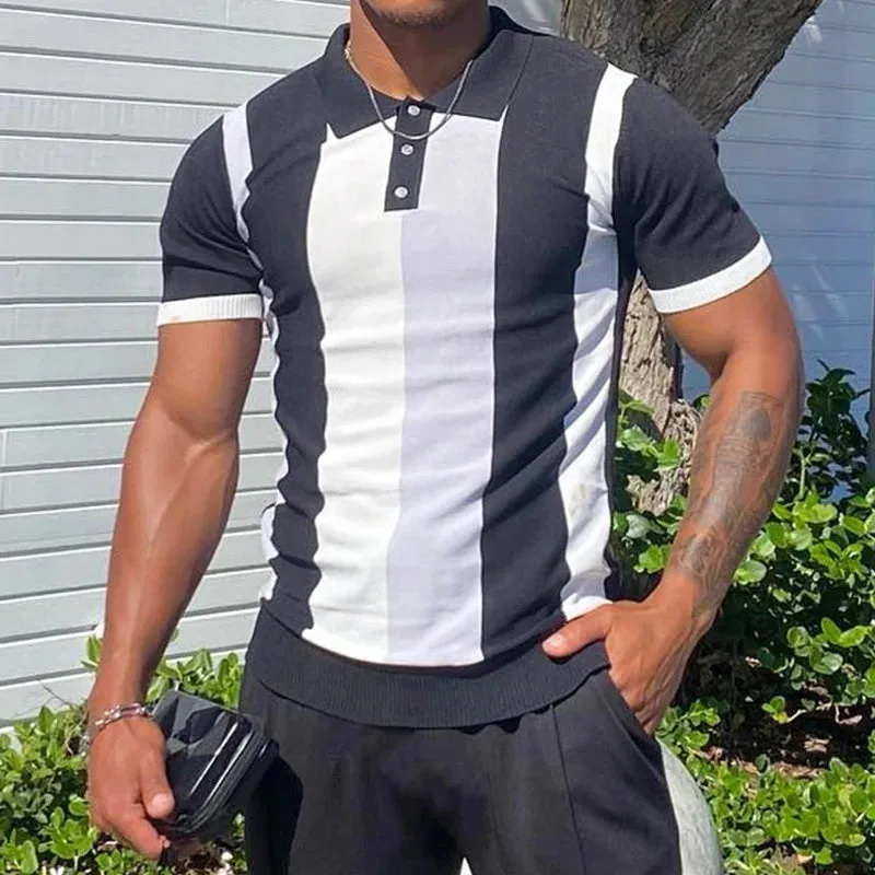 BONSIR  -  Streetwear Mens Casual Knit Polo 2024 Summer Leisure Short-sleeved Buttoned Lapel Polo Shirts Knitted Mens Striped Knitting Tops