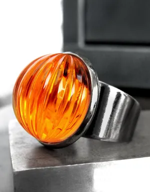 Bright Orange Pumpkin Halloween Ring - Unisex Wide Black Band