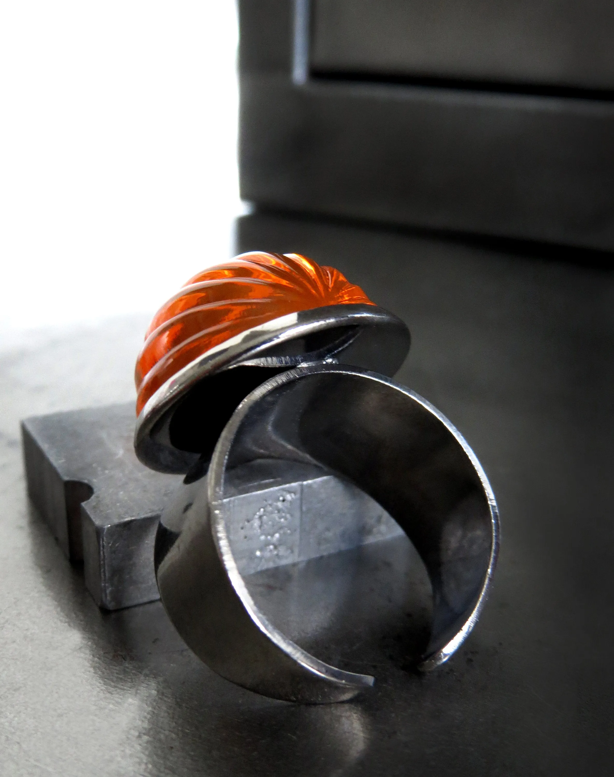 Bright Orange Pumpkin Halloween Ring - Unisex Wide Black Band