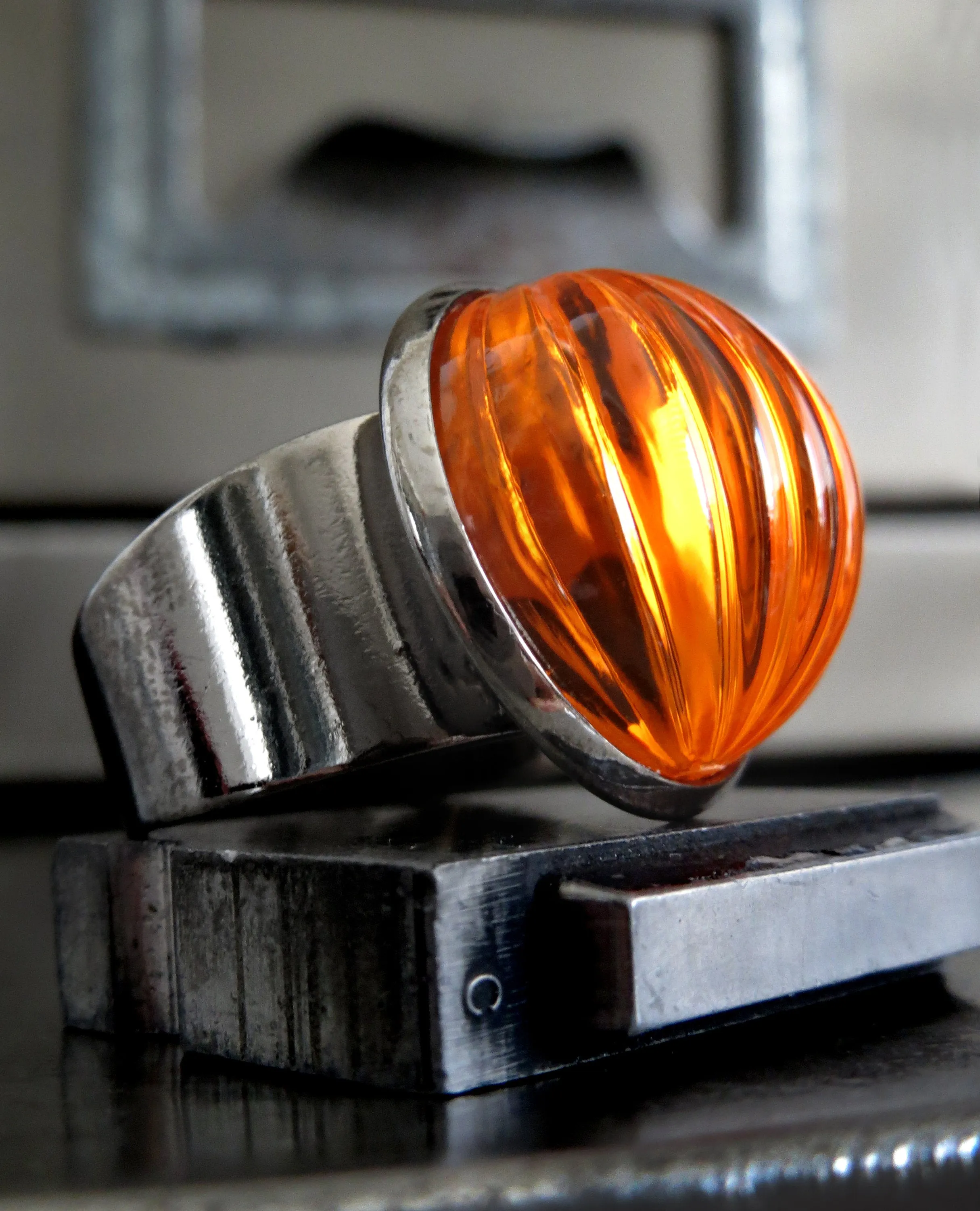 Bright Orange Pumpkin Halloween Ring - Unisex Wide Black Band