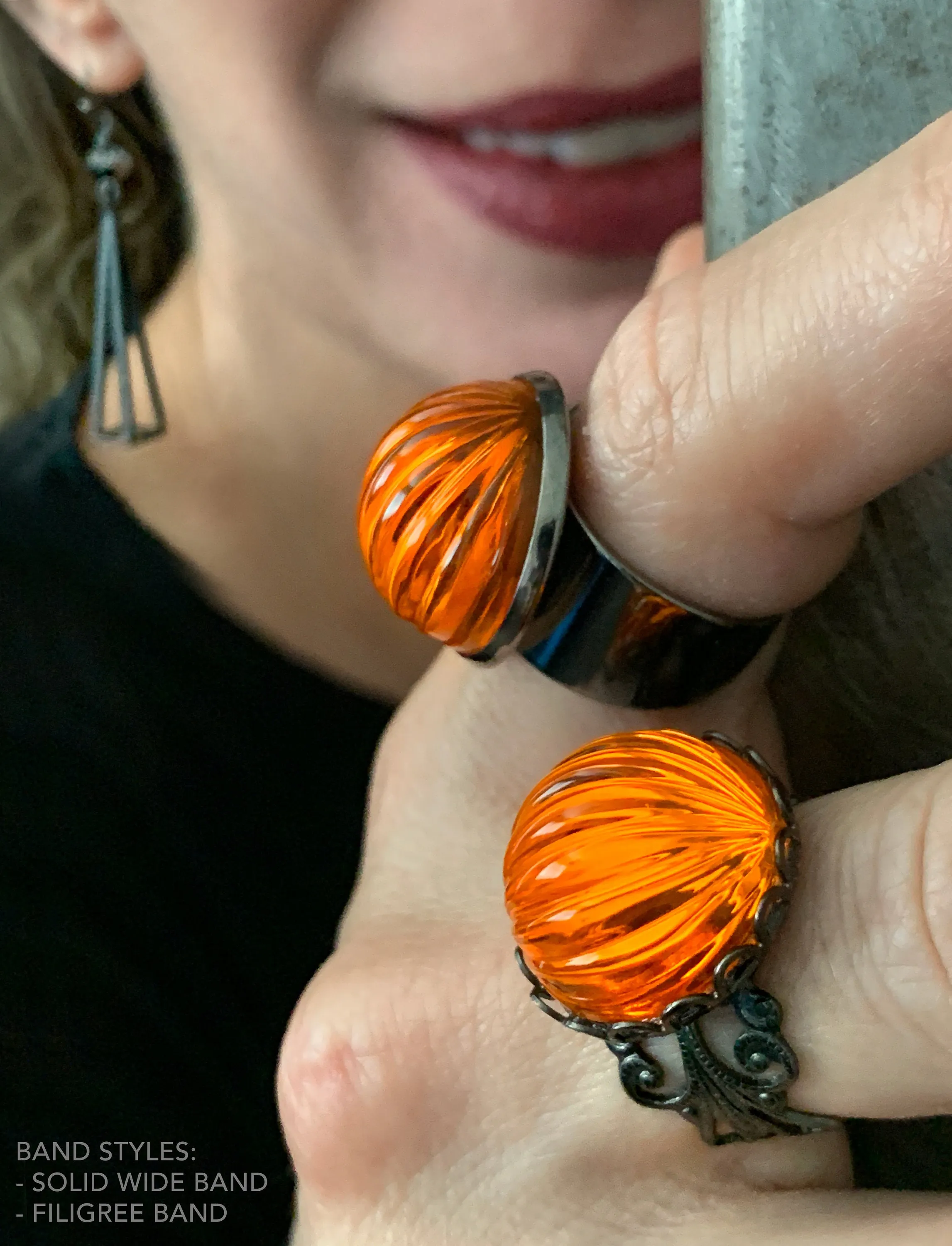 Bright Orange Pumpkin Halloween Ring - Unisex Wide Black Band