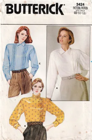 Butterick 3424 Womens Tucked Front High Collar Blouse in 3 Styles 1980s Vintage Sewing Pattern Size 8 - 12 UNCUT Factory Folded