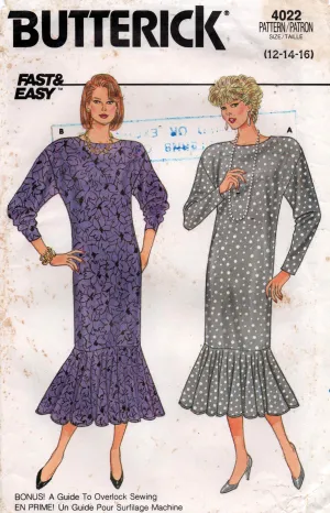 Butterick 4022 EASY Womens Dolman Sleeved Straight Dress with Flounced Hem 1980s Vintage Sewing Pattern Size 12 - 16 UNCUT Factory Folded