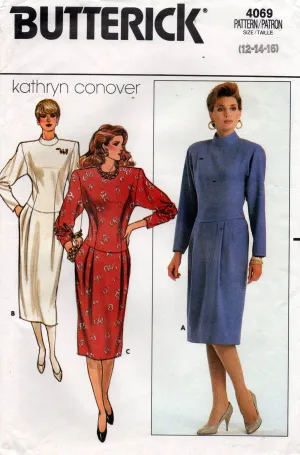 Butterick 4069 KATHRYN CONOVER Womens Drop Waisted Dress with Pleats 1980s Vintage Sewing Pattern Size 12 - 16