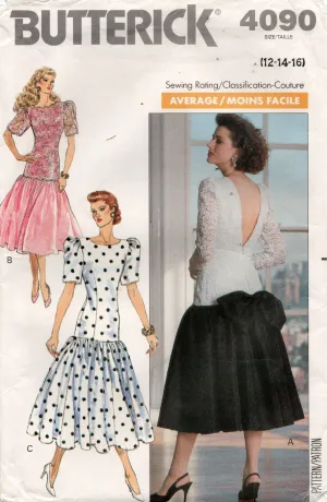 Butterick 4090 Womens V Back Evening Prom Drop Waisted Dress with Bow Trim 1980s Vintage Sewing Pattern Size 12 - 16