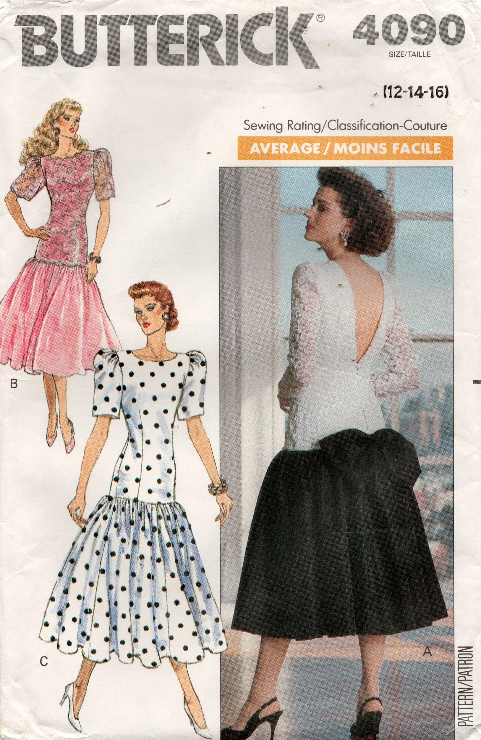 Butterick 4090 Womens V Back Evening Prom Drop Waisted Dress with Bow Trim 1980s Vintage Sewing Pattern Size 12 - 16