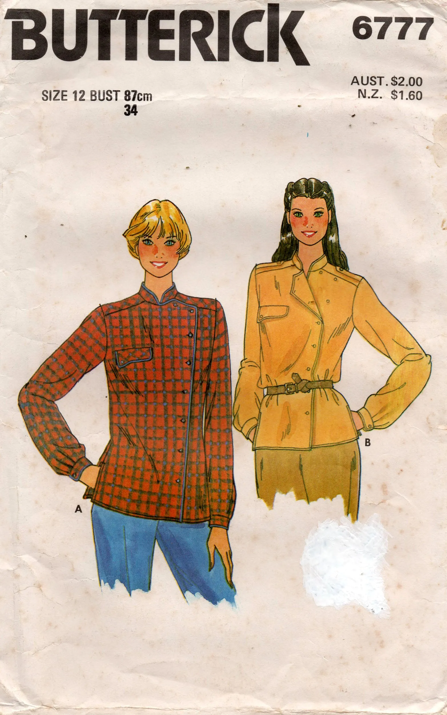 Butterick 6777 Womens Asymmetric Top with Mandarin Collar 1980s Vintage Sewing Pattern Size 12 Bust 34 inches