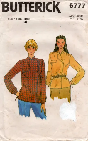 Butterick 6777 Womens Asymmetric Top with Mandarin Collar 1980s Vintage Sewing Pattern Size 12 Bust 34 inches
