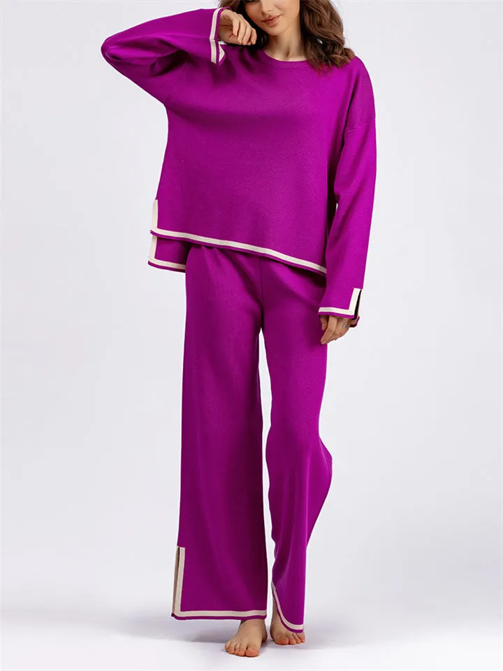 Candy Color Long Sleeve Knitted Shirt   Casual Pants