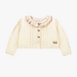 Cardigan en tricot crème avec volant, naissance || Cream knit cardigan with ruffle, newborn