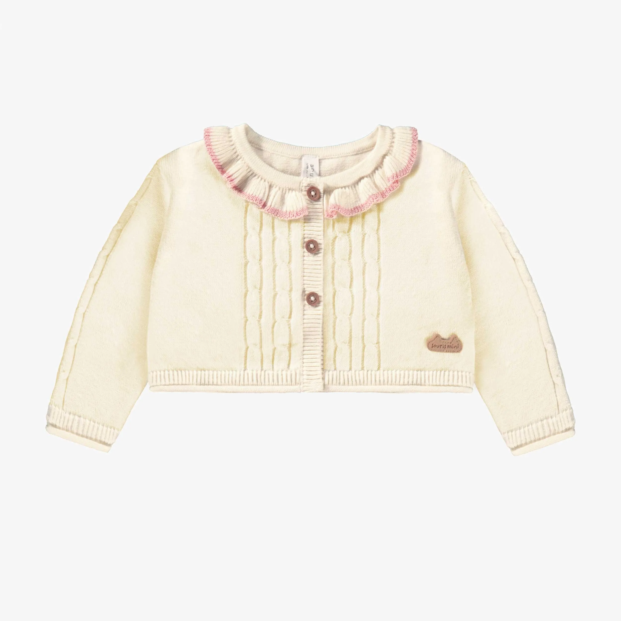 Cardigan en tricot crème avec volant, naissance || Cream knit cardigan with ruffle, newborn