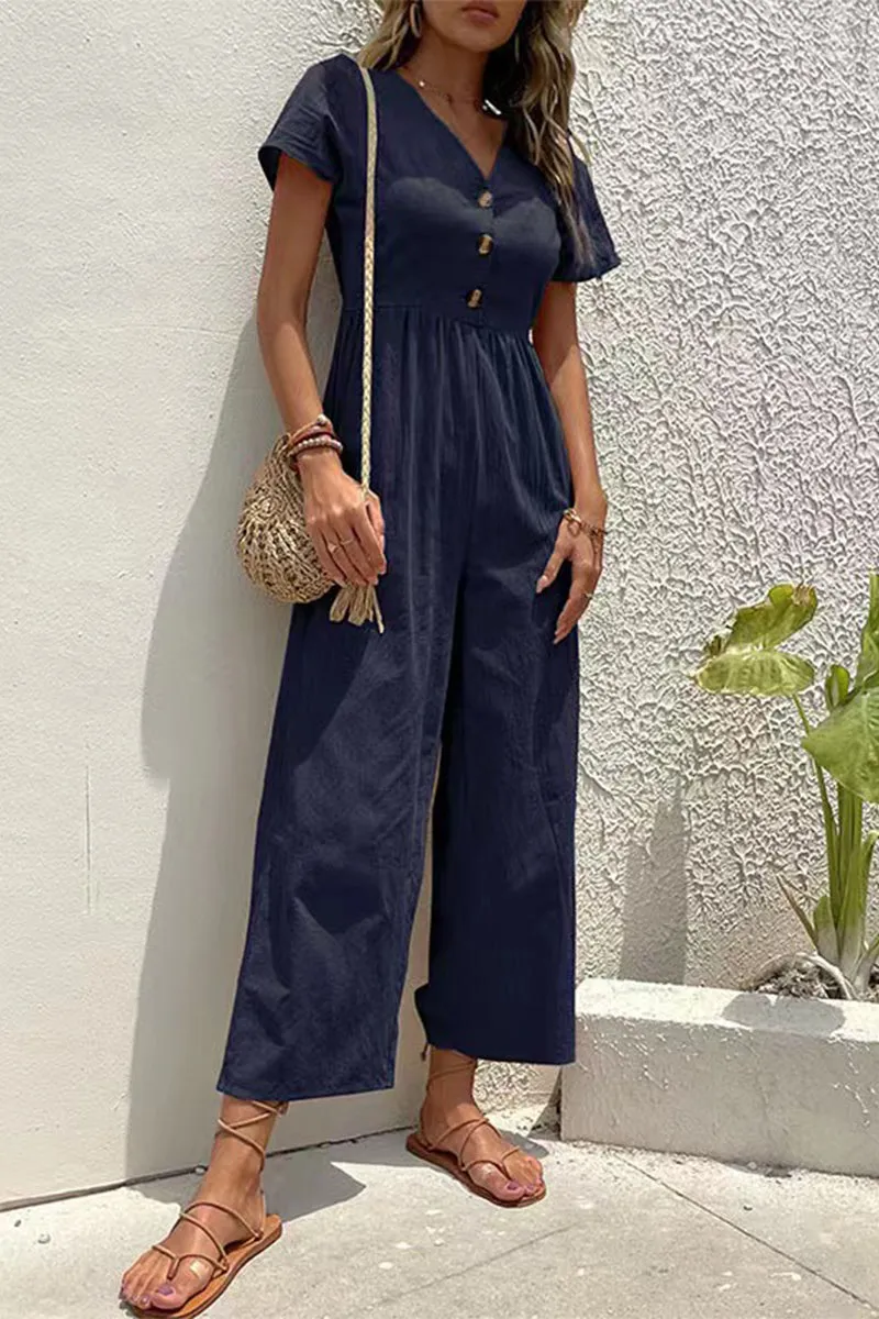 Casual Solid Buttons V Neck Loose Jumpsuits
