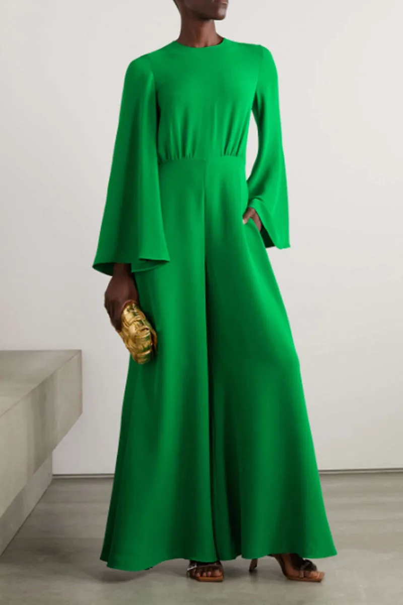 Casual Solid Fold O Neck Loose Jumpsuits
