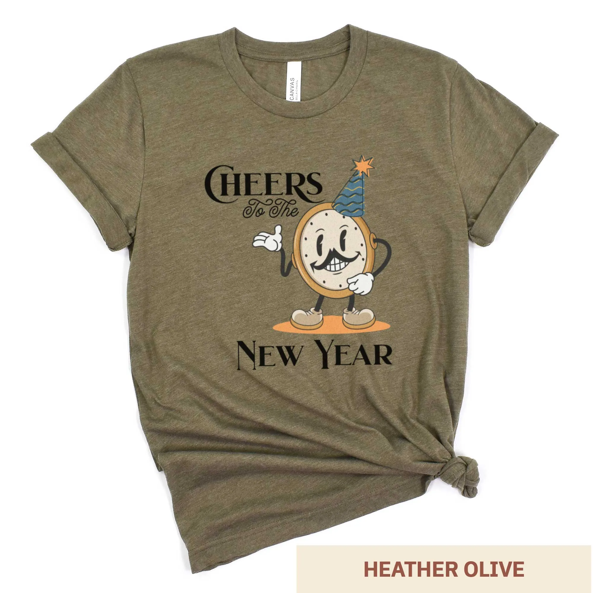 Cheers to the New Year: Retro Clock Cartoon - Adult Unisex Jersey Crew Tee