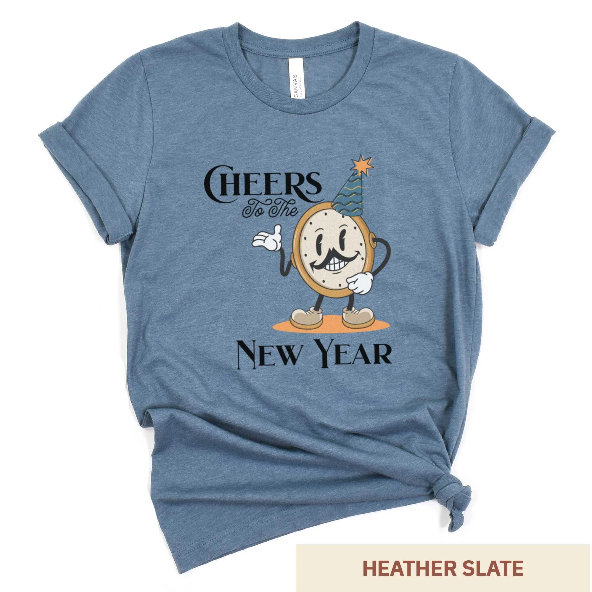 Cheers to the New Year: Retro Clock Cartoon - Adult Unisex Jersey Crew Tee