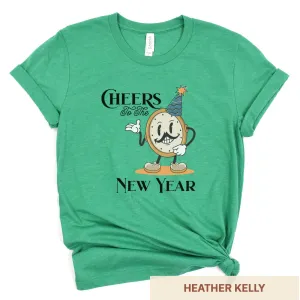 Cheers to the New Year: Retro Clock Cartoon - Adult Unisex Jersey Crew Tee