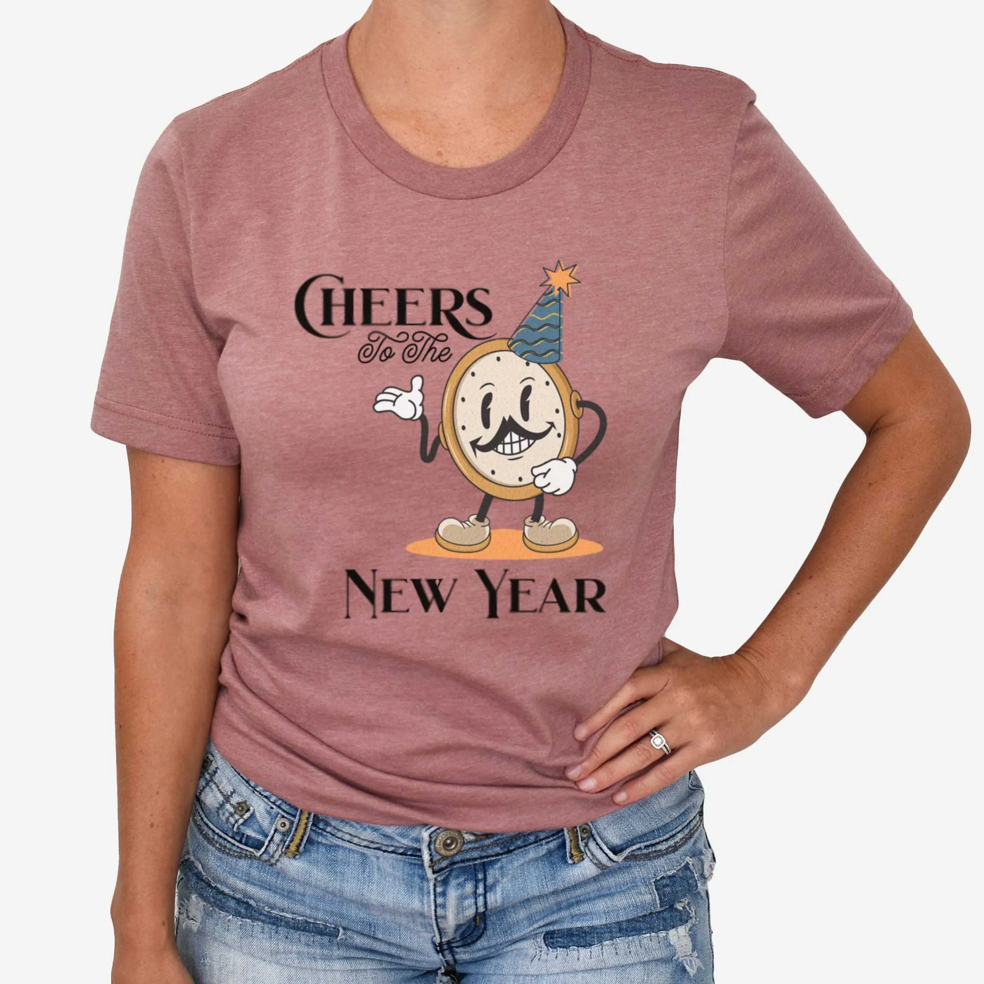 Cheers to the New Year: Retro Clock Cartoon - Adult Unisex Jersey Crew Tee