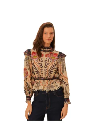 Classic Nature Sand Ruffled Long Sleeve Blouse
