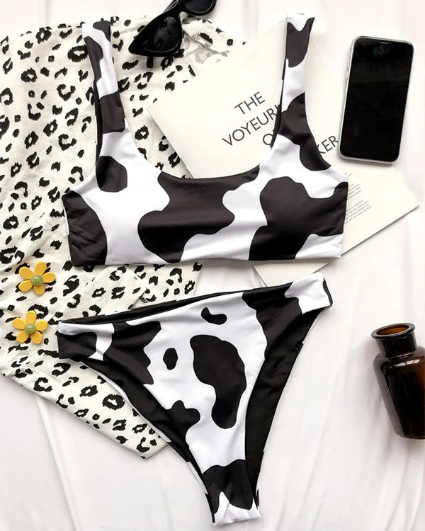 Cow Print High Waisted Bikini Sets