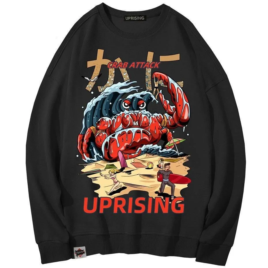 Crab Attack Long Sleeve Sweatshirt for Men - Japanese Sci-Fi Horror Movie Inspired Monster Humorous Funny Gift