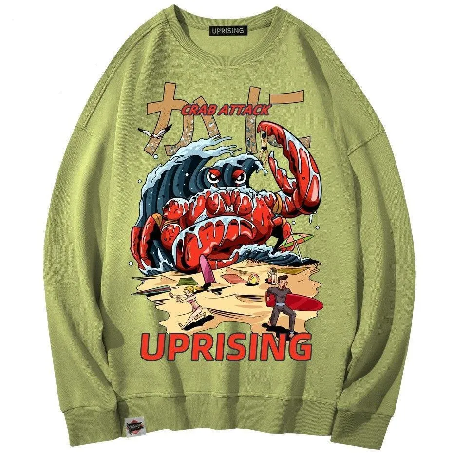 Crab Attack Long Sleeve Sweatshirt for Men - Japanese Sci-Fi Horror Movie Inspired Monster Humorous Funny Gift