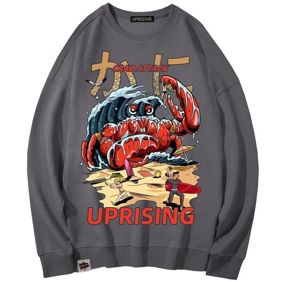 Crab Attack Long Sleeve Sweatshirt for Men - Japanese Sci-Fi Horror Movie Inspired Monster Humorous Funny Gift