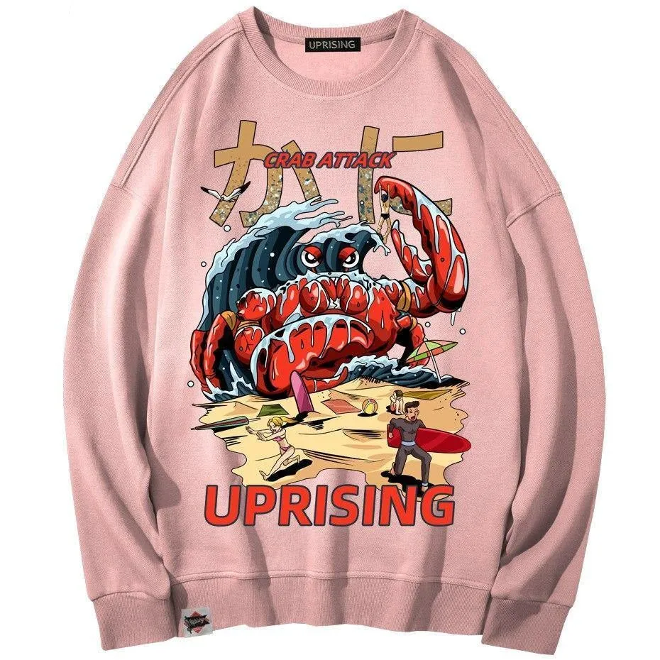Crab Attack Long Sleeve Sweatshirt for Men - Japanese Sci-Fi Horror Movie Inspired Monster Humorous Funny Gift