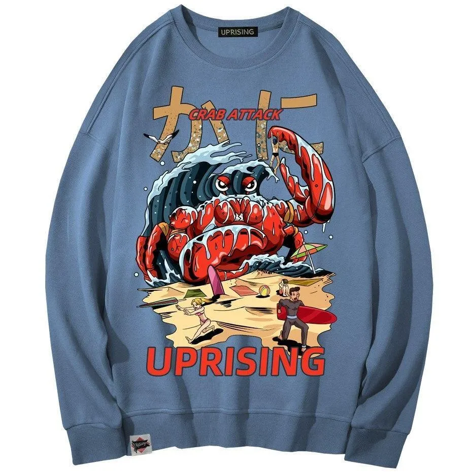 Crab Attack Long Sleeve Sweatshirt for Men - Japanese Sci-Fi Horror Movie Inspired Monster Humorous Funny Gift