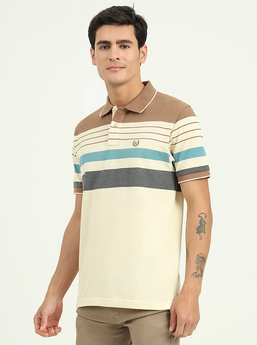 Cream & Brown Striped Slim Fit Polo T-Shirt | Greenfibre
