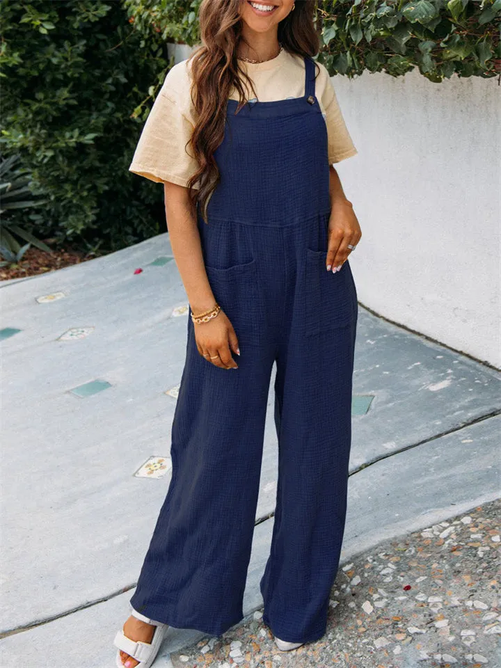 Cute Square Neck Loose Large Pocket Jumpsuit for Women