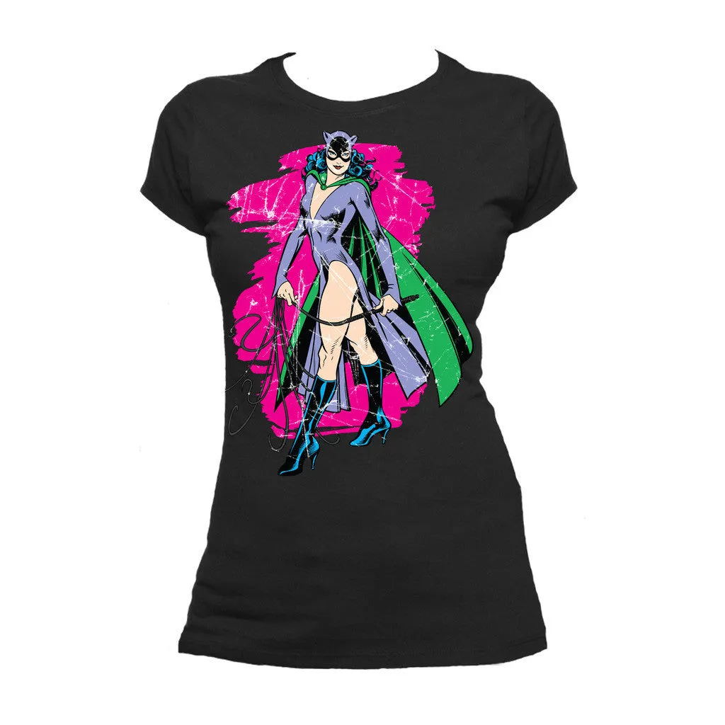 DC Comics Retro Catwoman Character Spray Official Women's T-shirt (Black)