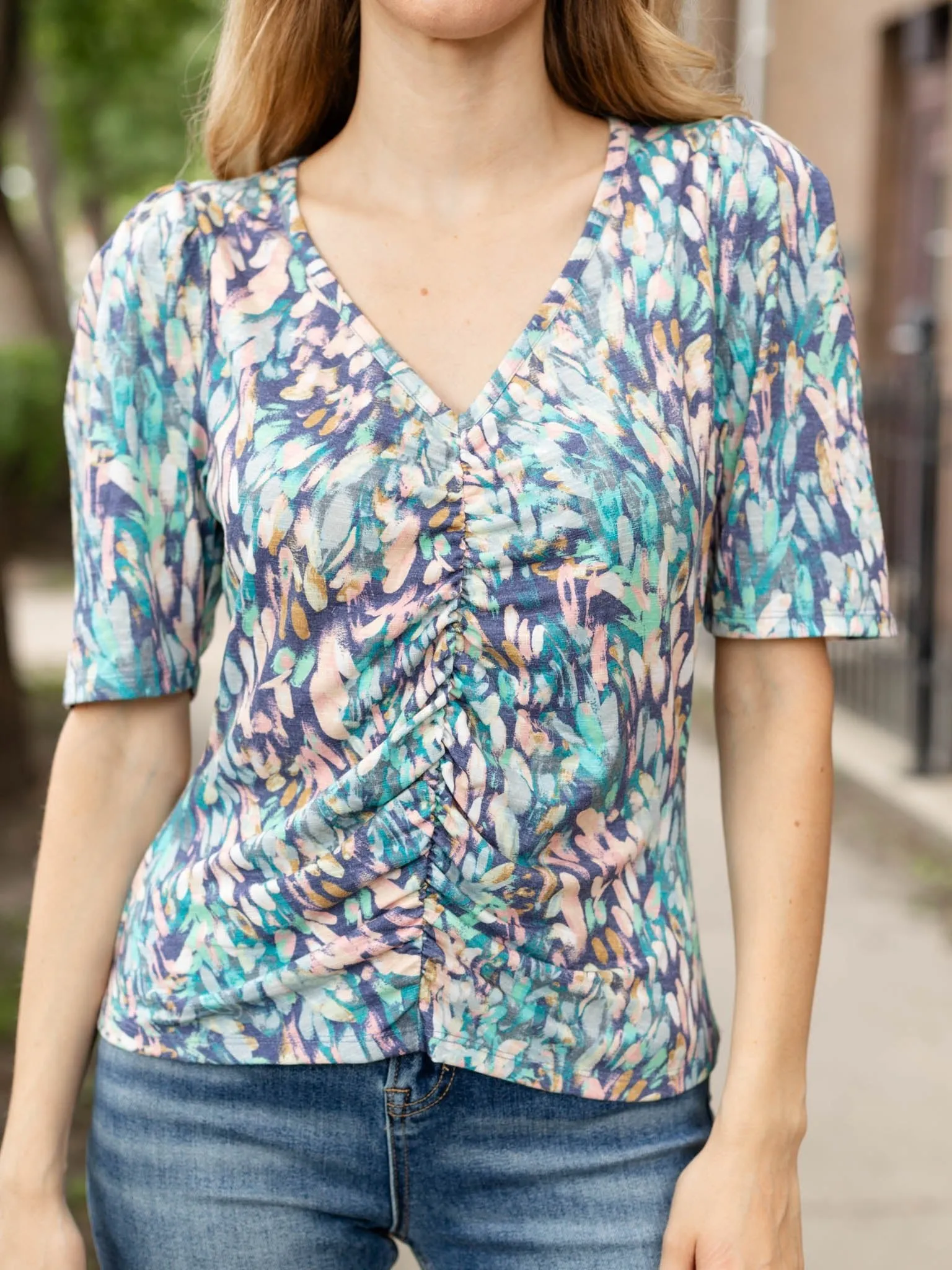 Democracy Abstract Print Puff Sleeve Ruched Top