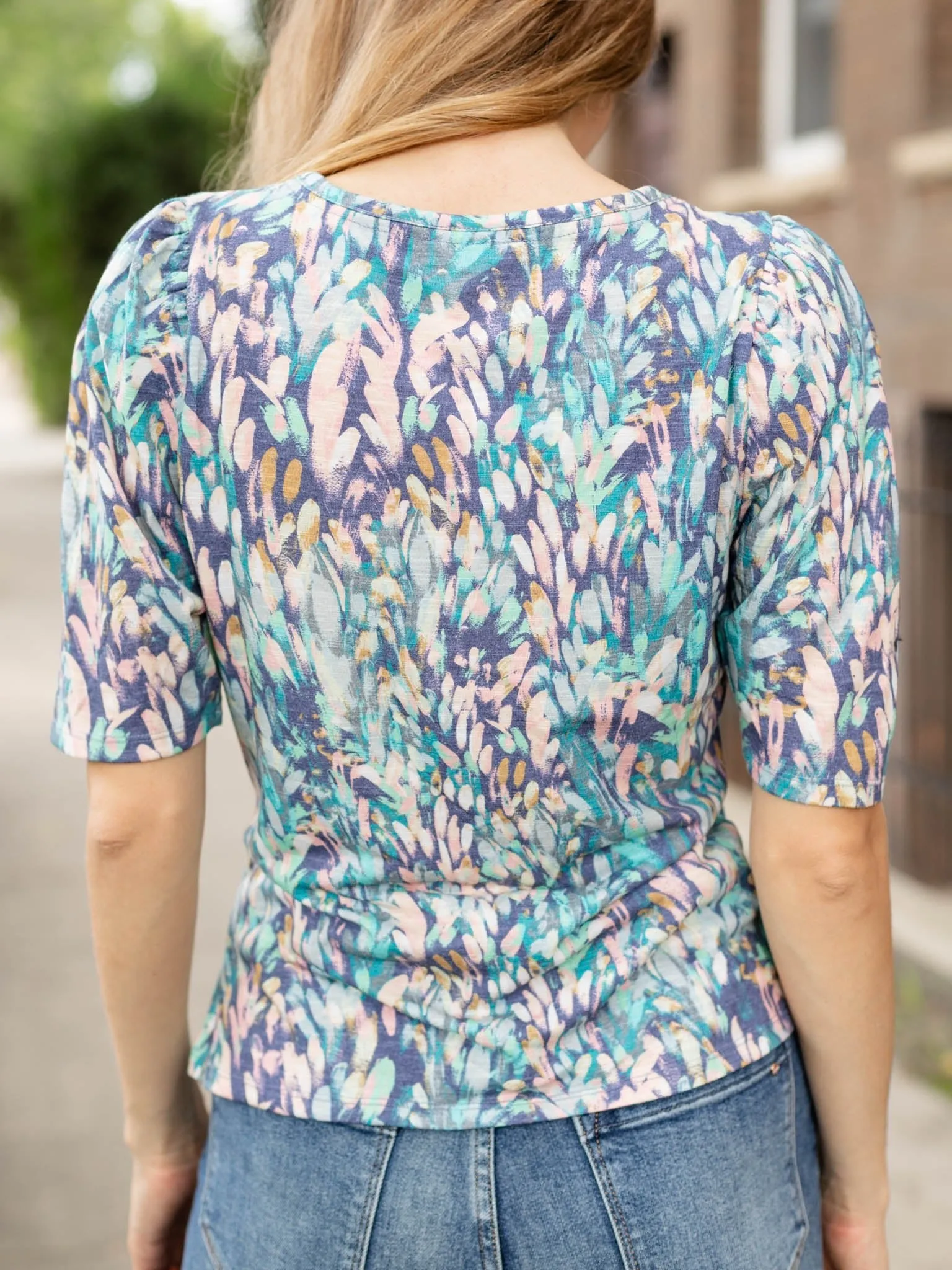 Democracy Abstract Print Puff Sleeve Ruched Top
