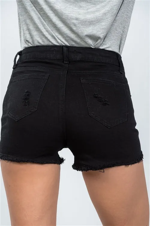 Distressed High Waisted Short | Black