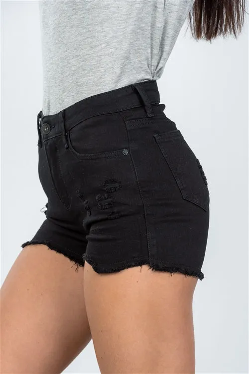 Distressed High Waisted Short | Black