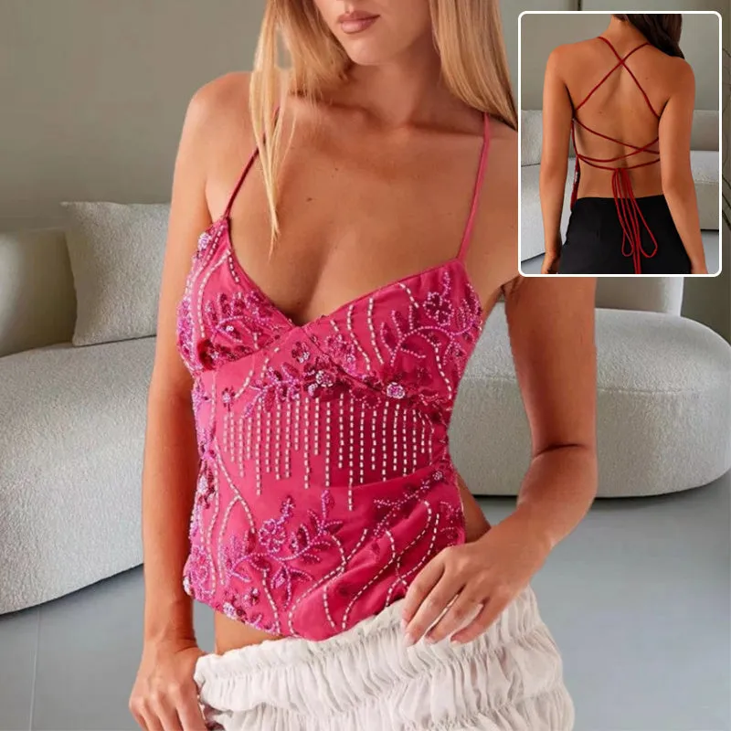 Dopamine-colored Flower Beaded Y2K Tops Sling Women Backless For Complete catalog All-in-one collection Bandeau V-neck Vest Summer