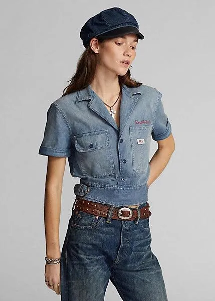 Double RL - Logo-Embroidered Denim Workshirt Medium Wash Red